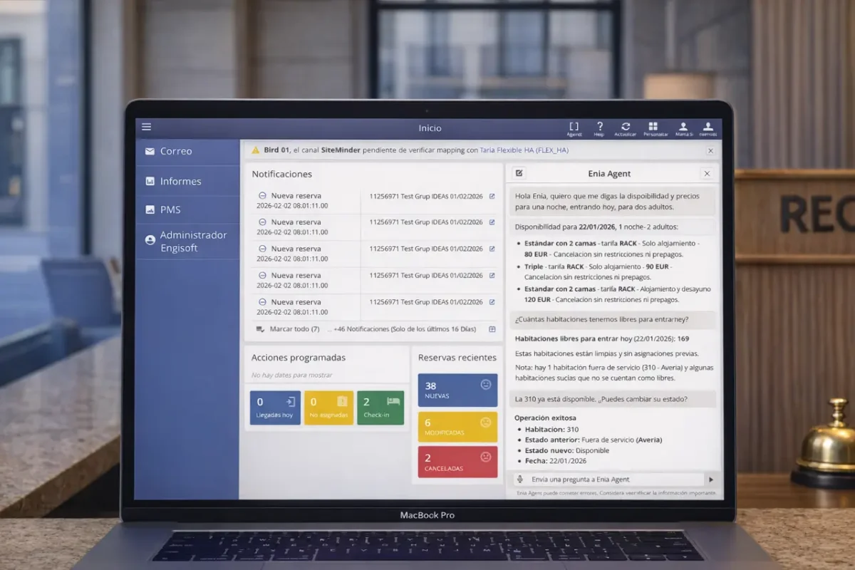 Pantalla del PMS hotelero ENGISOFT con el chat de Enia, la inteligencia artificial para la gestión hotelera, en la recepción de un hotel