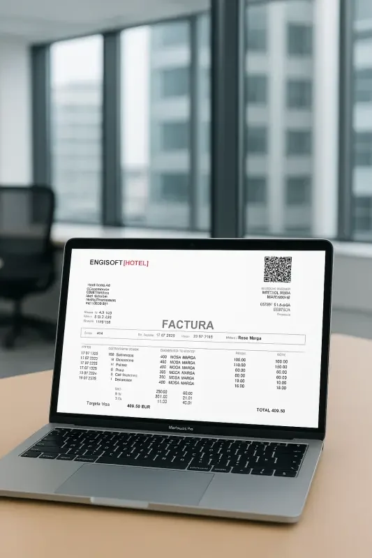 Factura con código QR VERIFACTU generada con el PMS hotelero ENGISOFT en un portátil