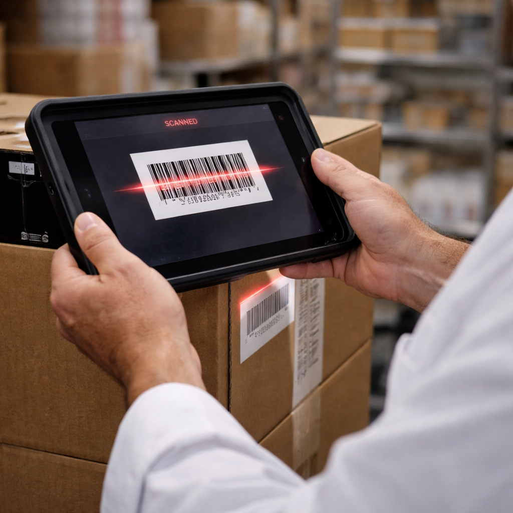 Gerente de F&B operando una tablet con una interfaz de gestión conceptual en un almacén de restaurante