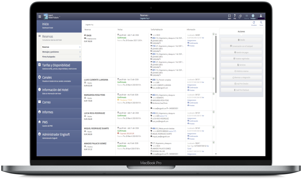 Pantalla de booking del programa de software de Engisoft