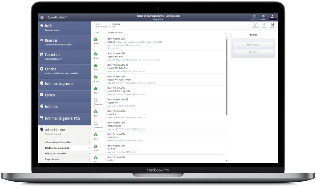 Pantalla de integraciones del PMS hotelero ENGISOFT con channel managers y otros sistemas del hotel